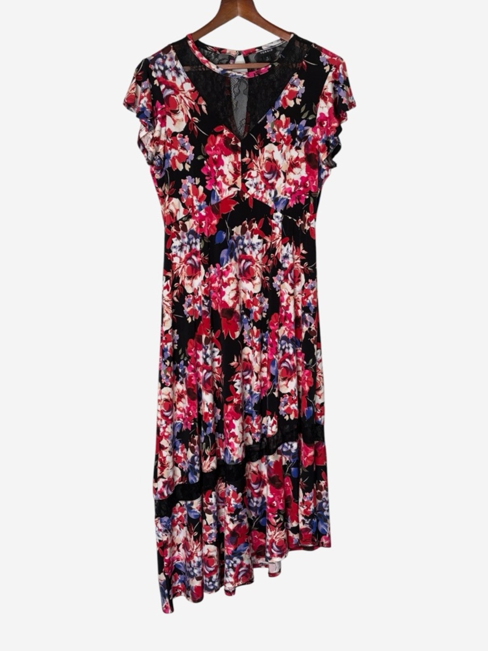 Torrid Black Floral Lace Asymmetrical Midi Skater Dress • Torrid Size 0 / US L